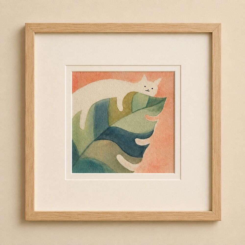 Lazy Cat Tropical Leaf Batik Wall Art, Handmade Cat Art Decor, Cat Lover Gift